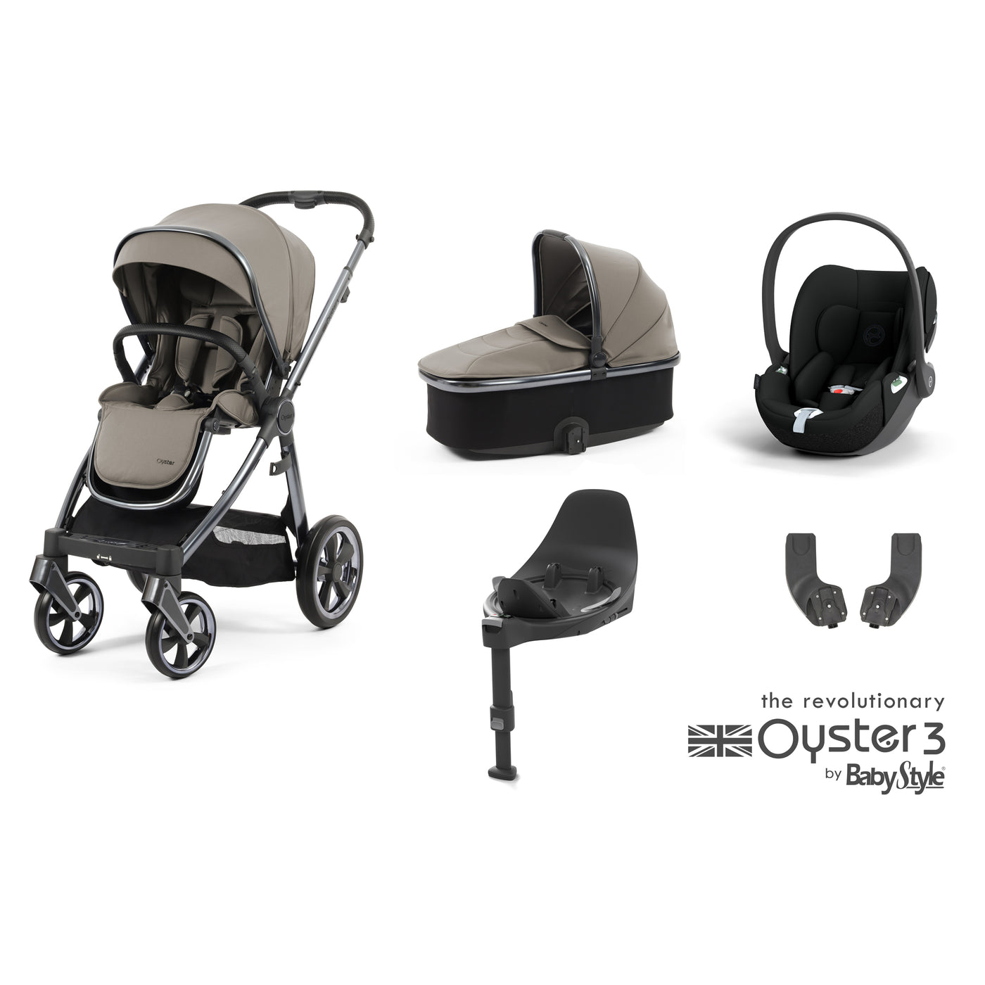 Babystyle Oyster 3 Essential Bundle with Cybex Cloud T & Base - Stone