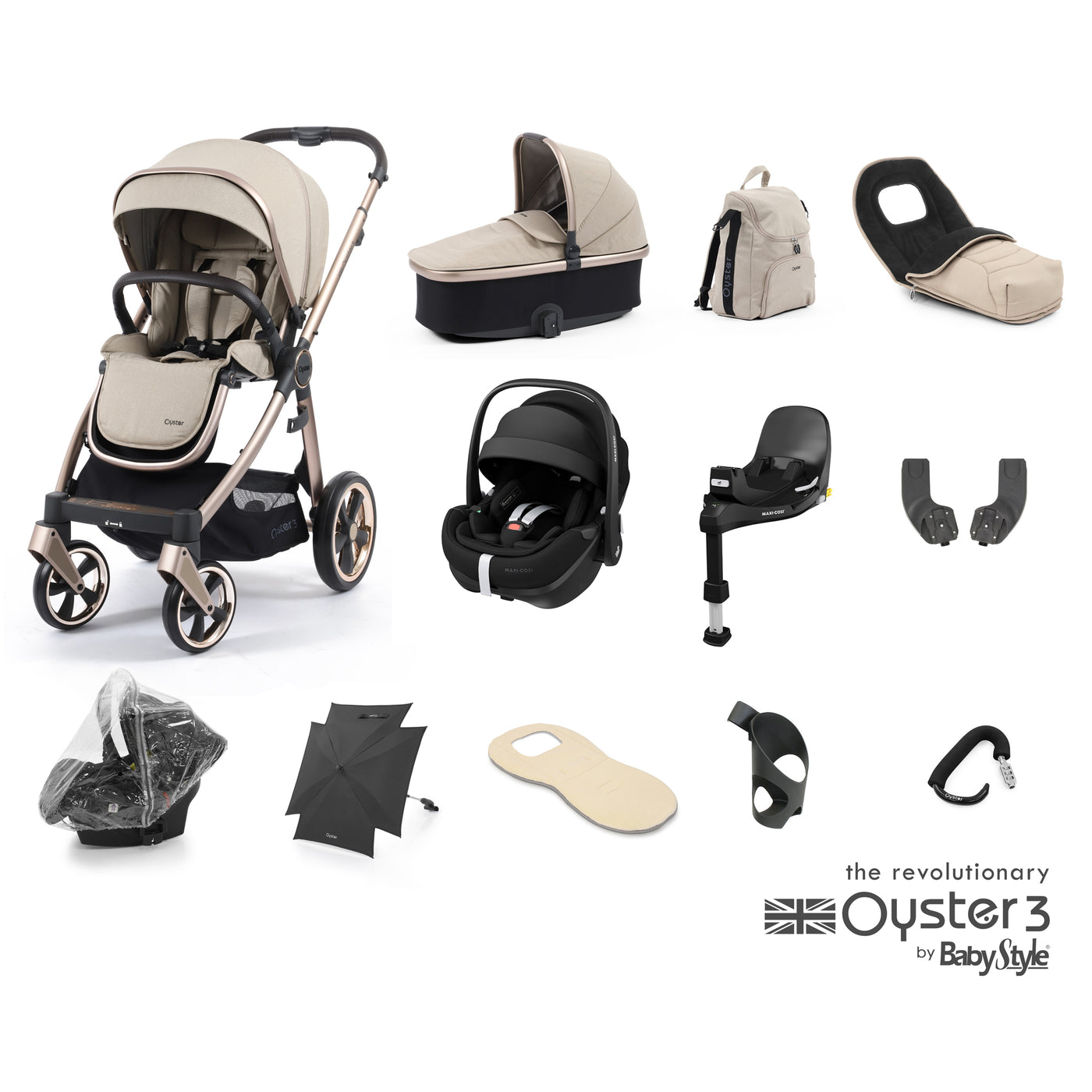 Babystyle Oyster 3 Ultimate Bundle with Maxi-Cosi Pebble 360 Pro & Base - Creme Brulee