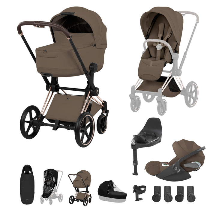 Cybex PRIAM Fold Cot Travel System Bundle - Style Coconut Brown & Rose Gold Frame