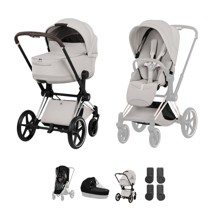 Cybex PRIAM Style Pushchair & Fold Cot Bundle - City Grey & Chrome Brown Frame