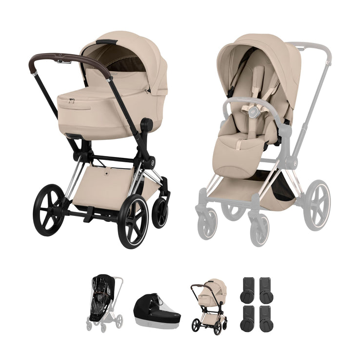 Cybex PRIAM Style Pushchair & Fold Cot Bundle - Cozy Beige & Chrome Brown Frame