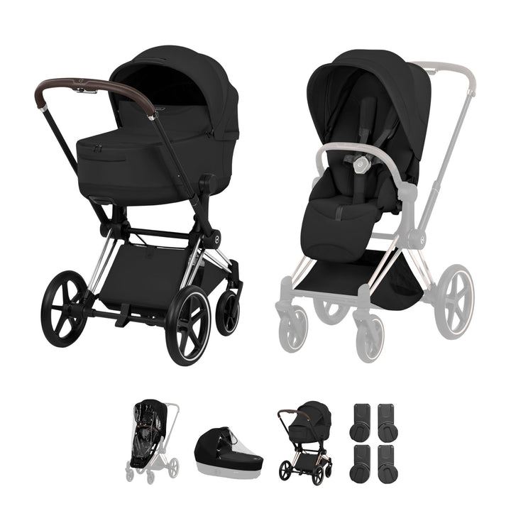 Cybex PRIAM Style Pushchair & Fold Cot Bundle - Sepia Black & Chrome Brown Frame
