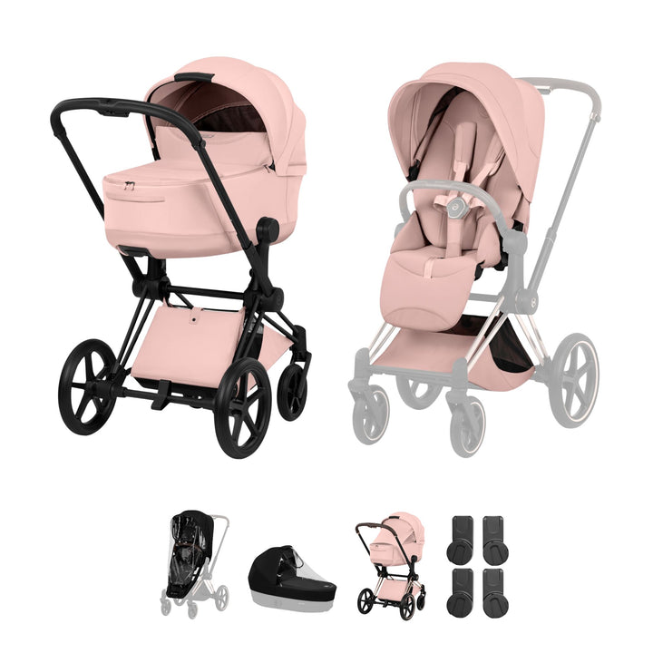 Cybex PRIAM Style Pushchair & Fold Cot Bundle - Peach Pink & Matt Black Frame