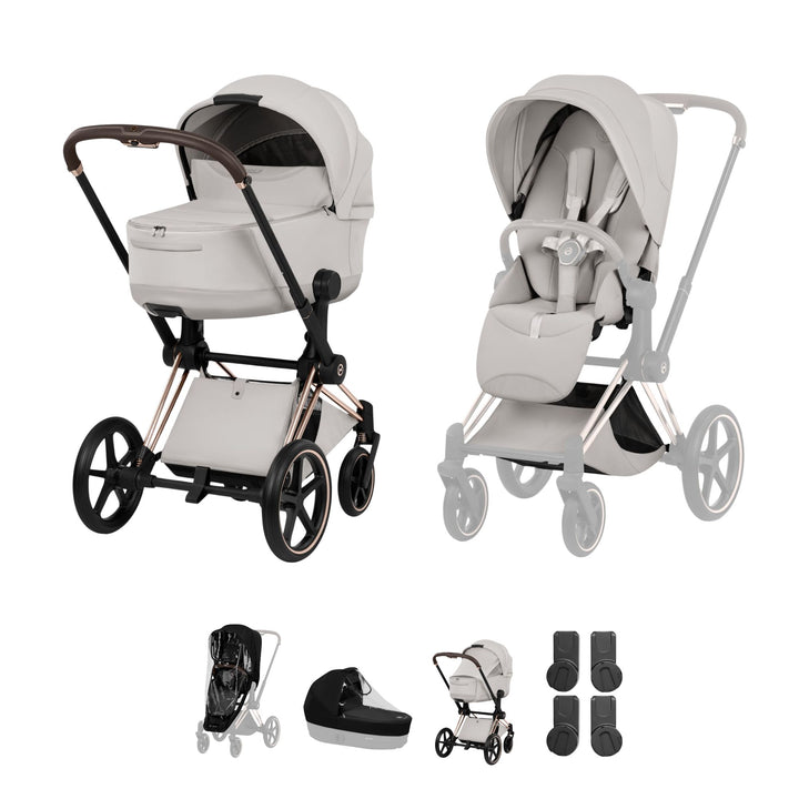 Cybex PRIAM Style Pushchair & Fold Cot Bundle - City Grey & Rose Gold Frame