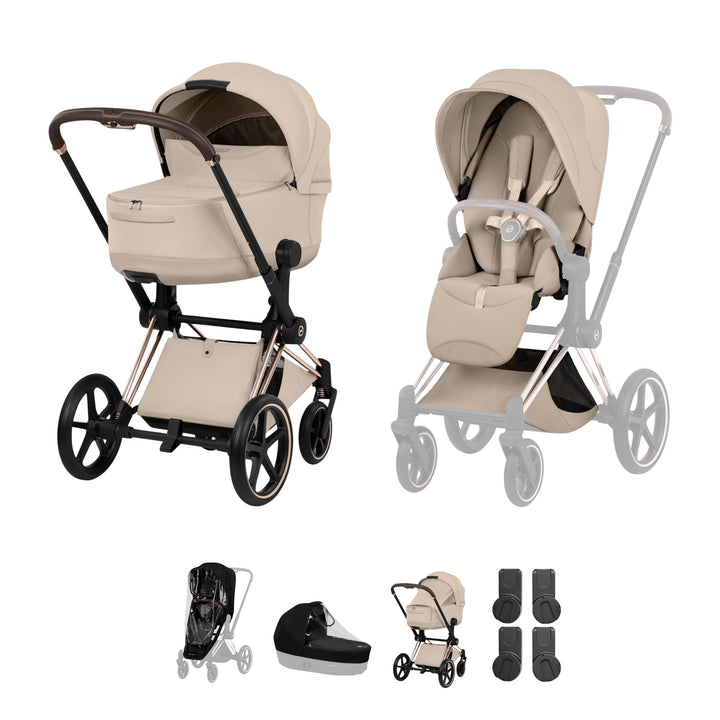Cybex PRIAM Style Pushchair & Fold Cot Bundle - Cozy Beige & Rose Gold Frame