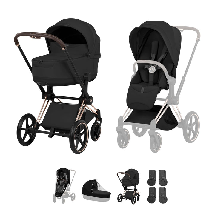Cybex PRIAM Style Pushchair & Fold Cot Bundle - Sepia Black & Rose Gold Frame