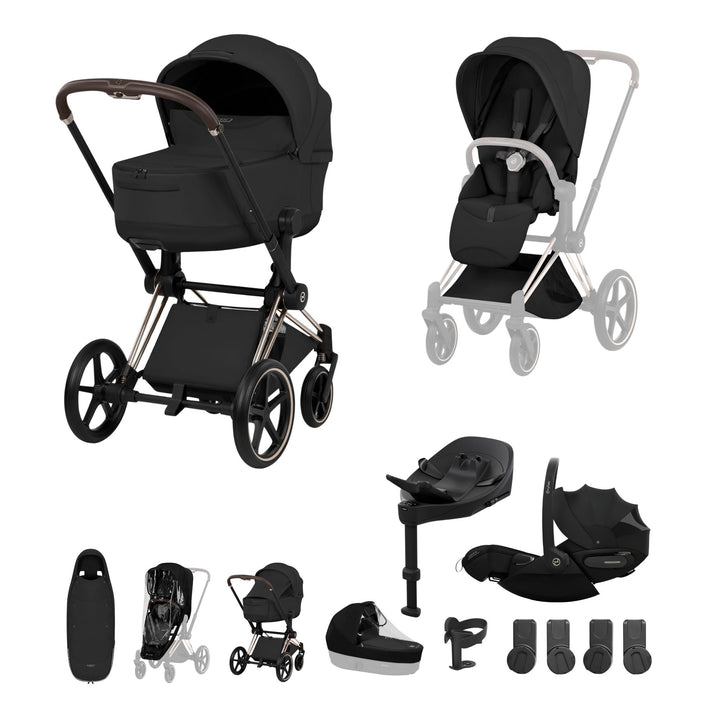 Cybex PRIAM Fold Cot Ultimate Travel System Bundle - Style Sepia Black & Champagne Gold Frame