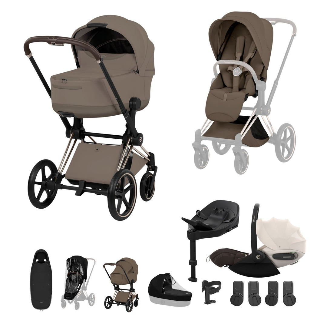 Cybex PRIAM Fold Cot Ultimate Travel System Bundle - Style Coconut Brown & Champagne Gold Frame