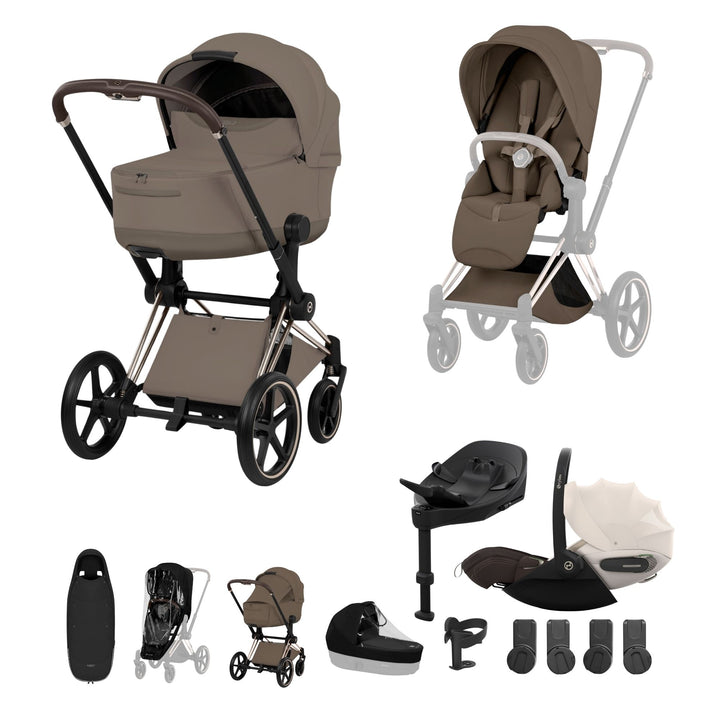Cybex PRIAM Fold Cot Ultimate Travel System Bundle - Style Coconut Brown & Champagne Gold Frame