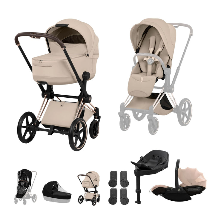 Cybex PRIAM Fold Cot Travel System Bundle - Style Cozy Beige & Rose Gold Frame
