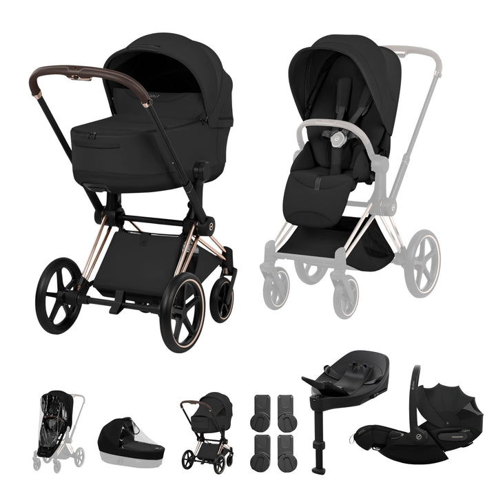 Cybex PRIAM Fold Cot Travel System Bundle - Style Sepia Black & Rose Gold Frame