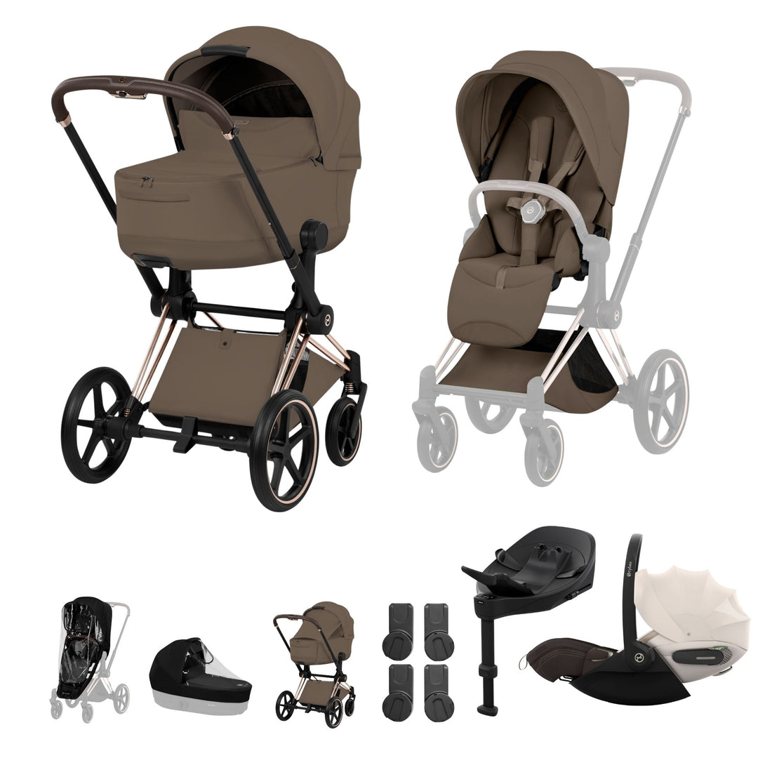 Cybex PRIAM Fold Cot Travel System Bundle - Style Coconut Brown & Rose Gold Frame
