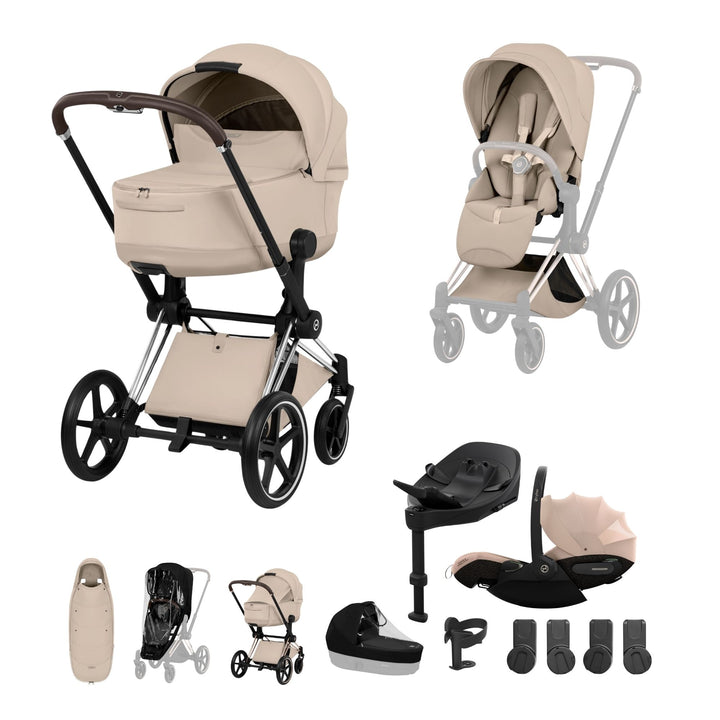 Cybex PRIAM Fold Cot Ultimate Travel System Bundle - Style Cozy Beige & Chrome Brown Frame