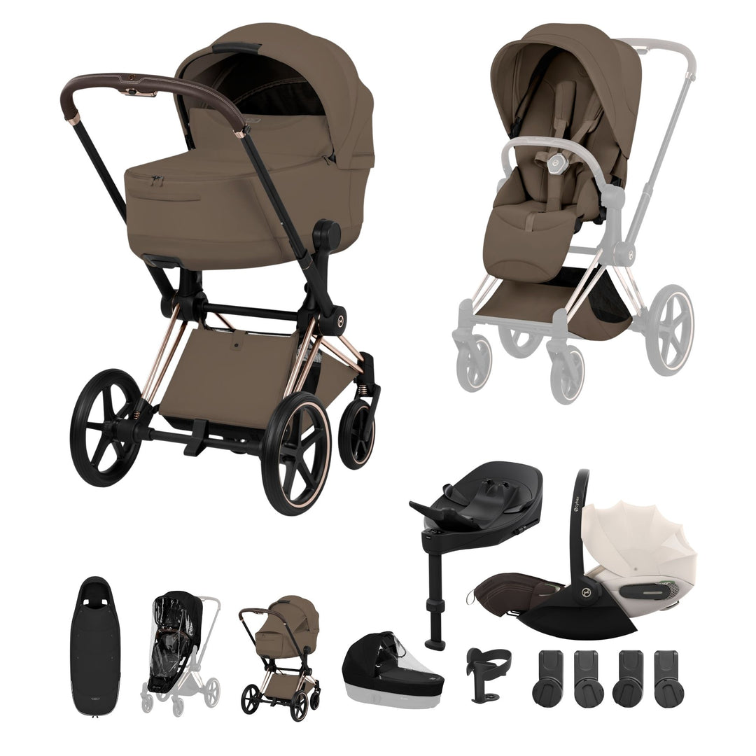 Cybex PRIAM Fold Cot Ultimate Travel System Bundle - Style Coconut Brown & Rose Gold Frame