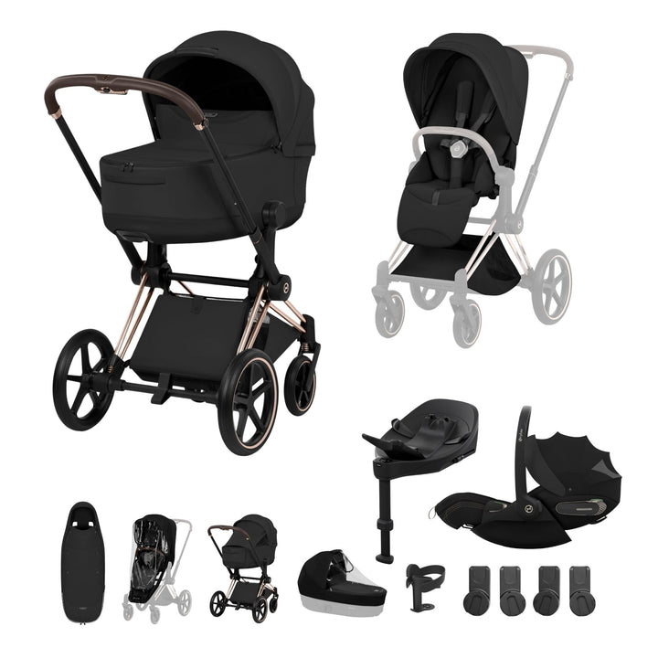 Cybex PRIAM Fold Cot Ultimate Travel System Bundle - Style Sepia Black & Rose Gold Frame