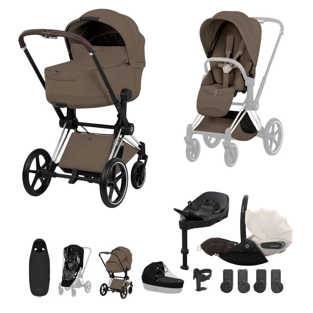 Cybex PRIAM Fold Cot Ultimate Travel System Bundle - Style Coconut Brown & Chrome Brown Frame