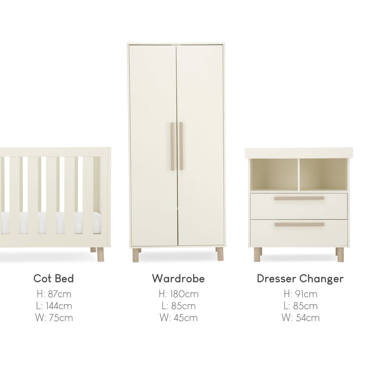 CuddleCo Harper 3pc Set 3 Cot Bed, Dresser Changer & Wardrobe - Cream & Ash