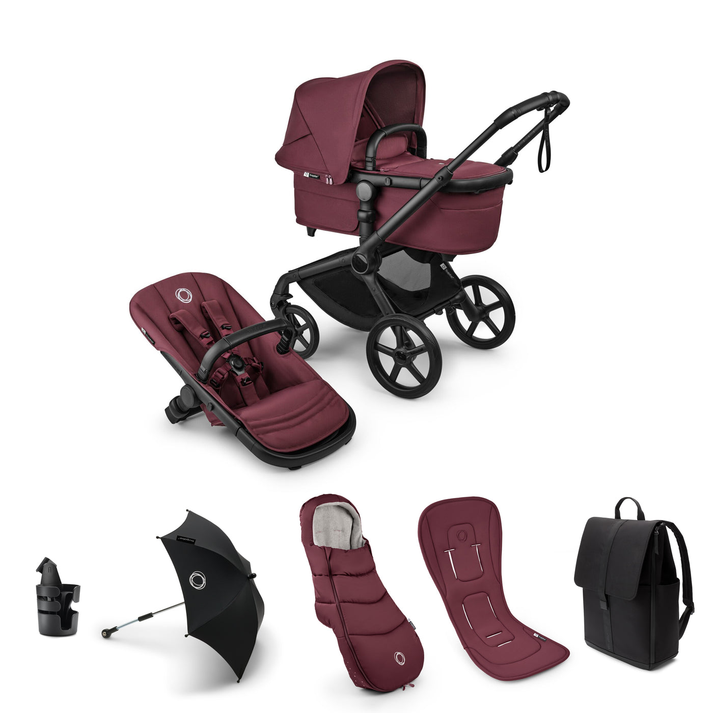 Bugaboo Fox 5 Renew Complete Pushchair Bundle  - Black/Dark Cherry