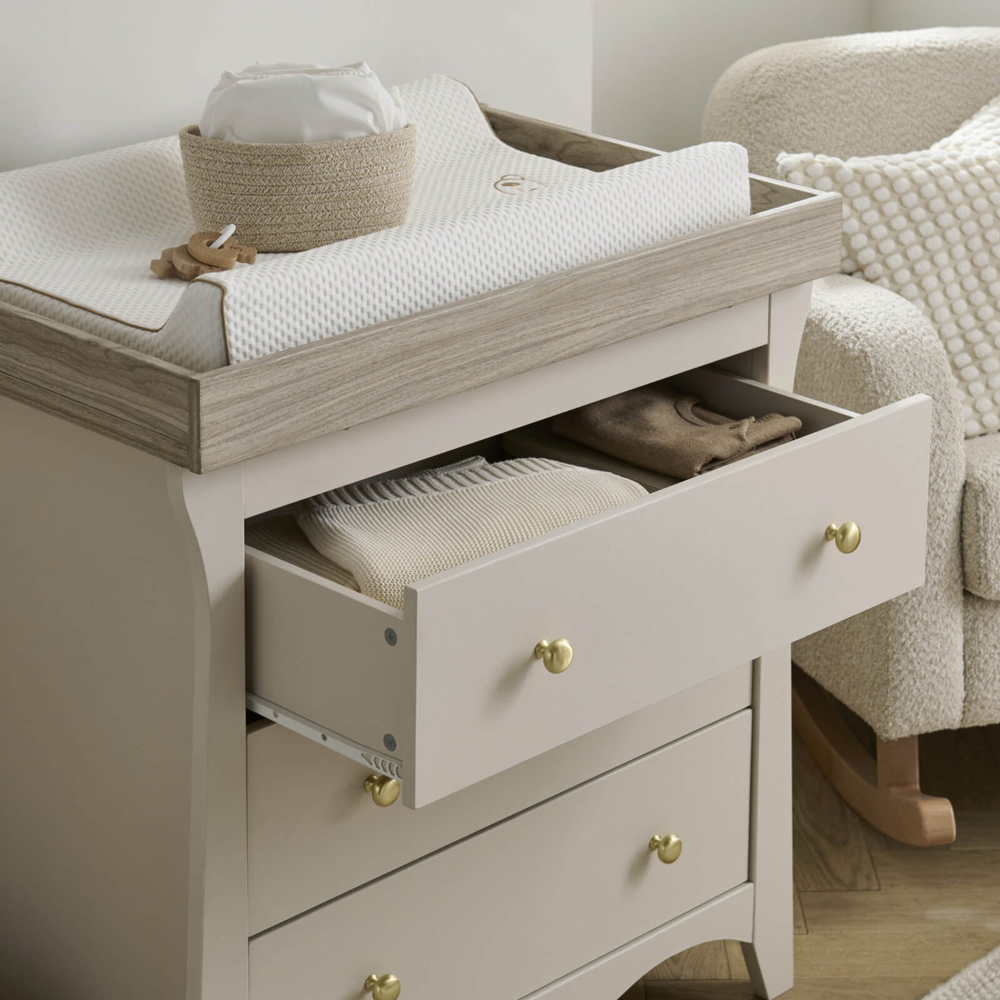 Clara 2pc Set 3 Drawer Dresser & Cot Bed  - Cashmere/Ash