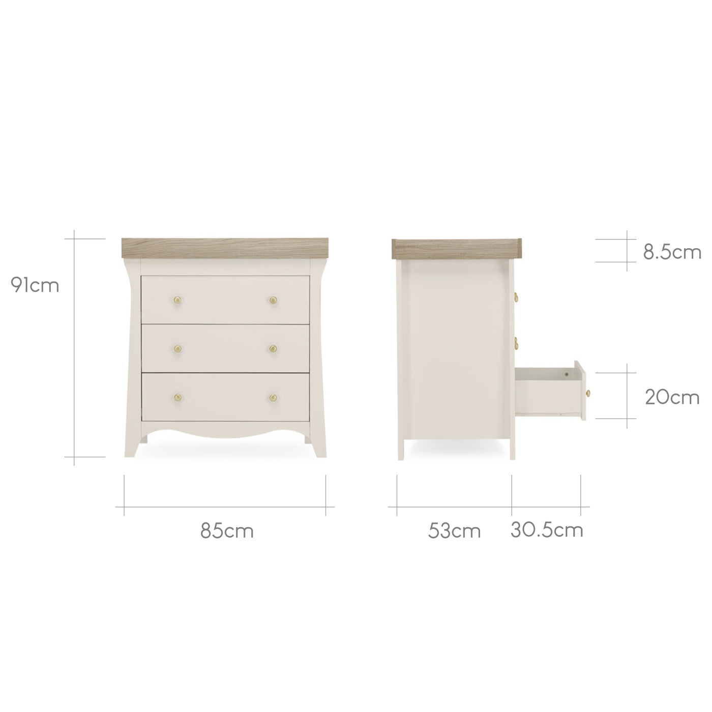 Clara 2pc Set 3 Drawer Dresser & Cot Bed  - Cashmere/Ash