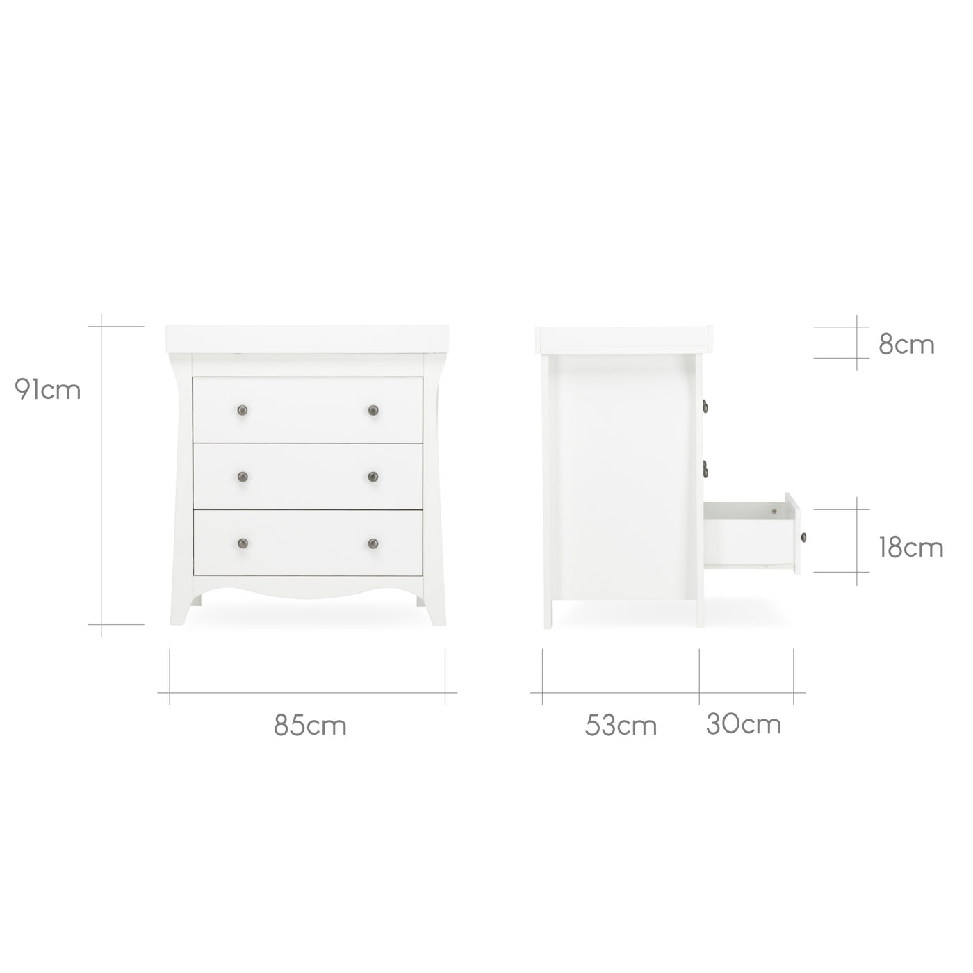 Clara 2pc Set 3 Drawer Dresser & Cot Bed  - White