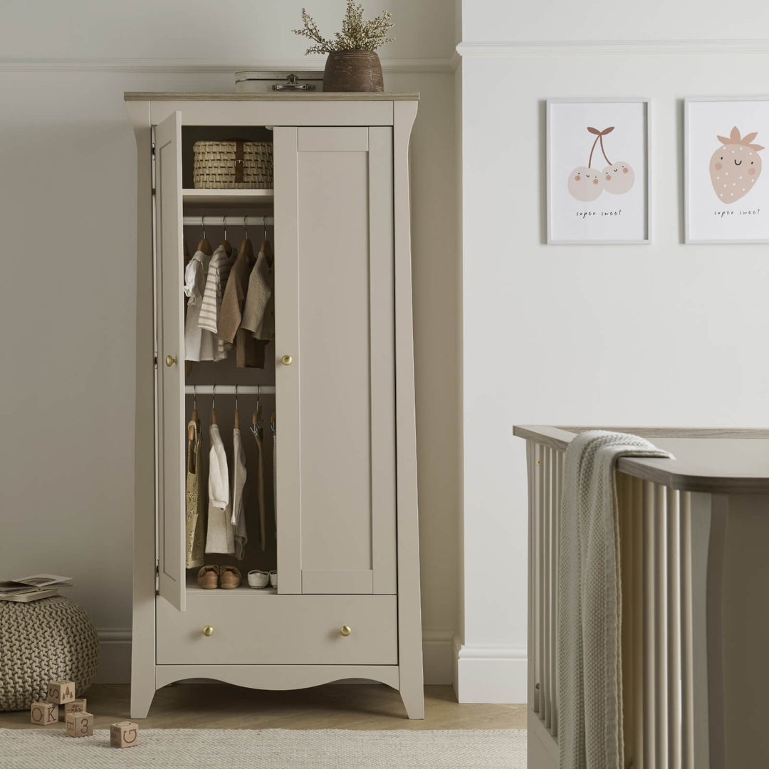 CuddleCo Clara 3pc Set 3 Drawer Dresser, Cot Bed & Wardrobe - Cashmere Ash