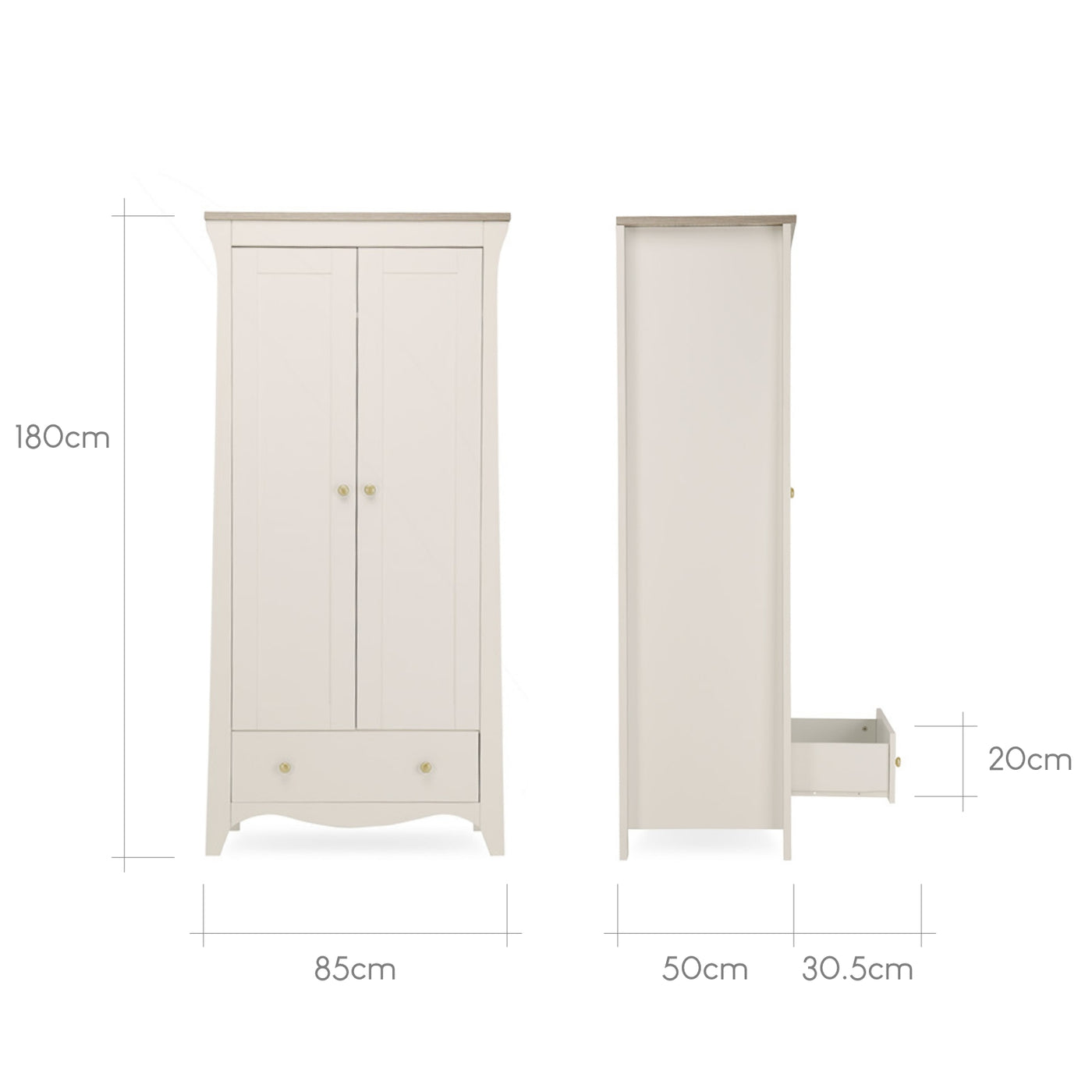 Clara 3pc Set 3 Drawer Dresser, Cot Bed & Wardrobe - Cashmere Ash