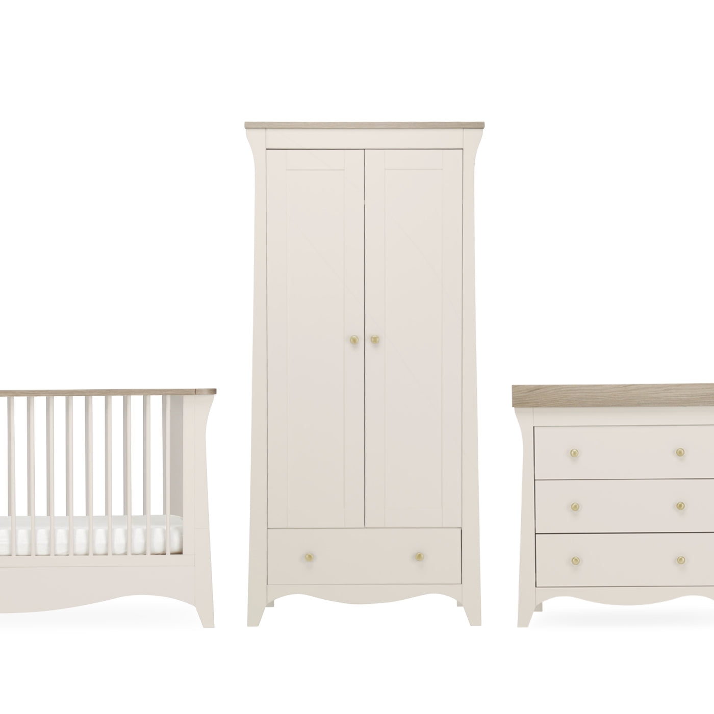 Clara 3pc Set 3 Drawer Dresser, Cot Bed & Wardrobe - Cashmere Ash