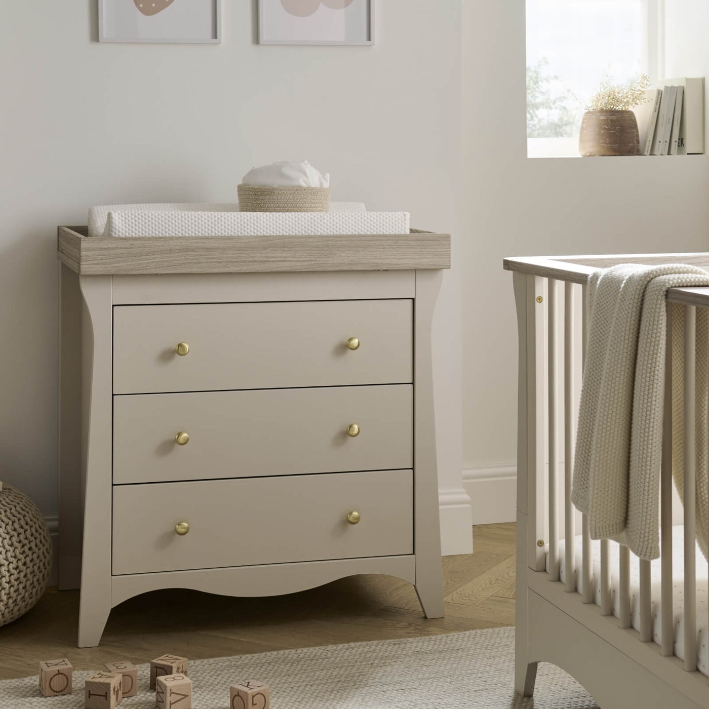 Clara 3pc Set 3 Drawer Dresser, Cot Bed & Wardrobe - Cashmere Ash