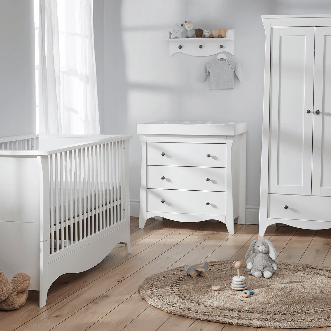 CuddleCo Clara 3pc Set 3 Drawer Dresser, Cot Bed & Wardrobe - White