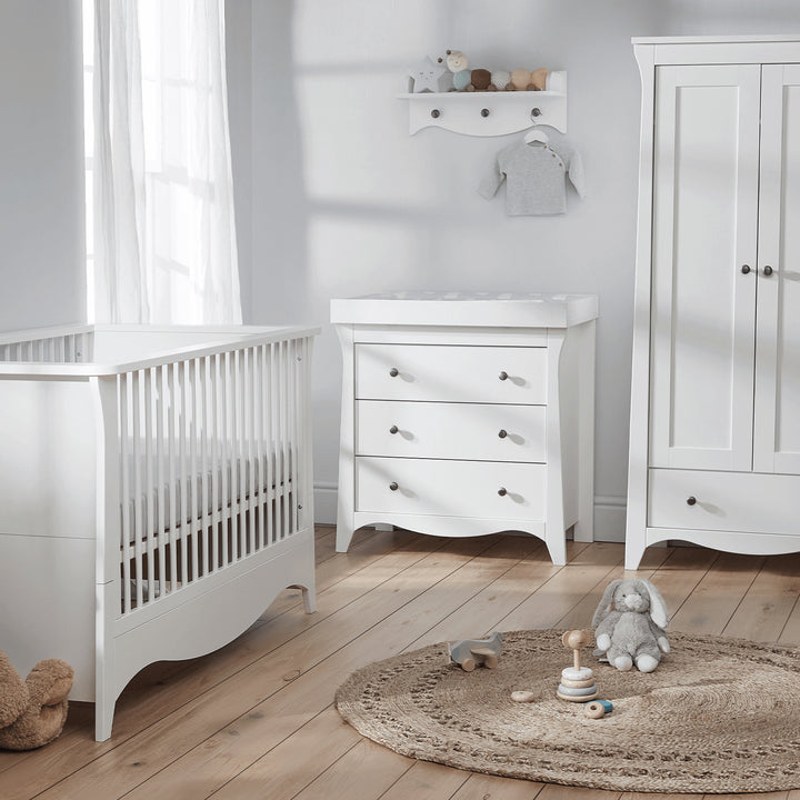 CuddleCo Clara 3pc Set 3 Drawer Dresser, Cot Bed & Wardrobe - White
