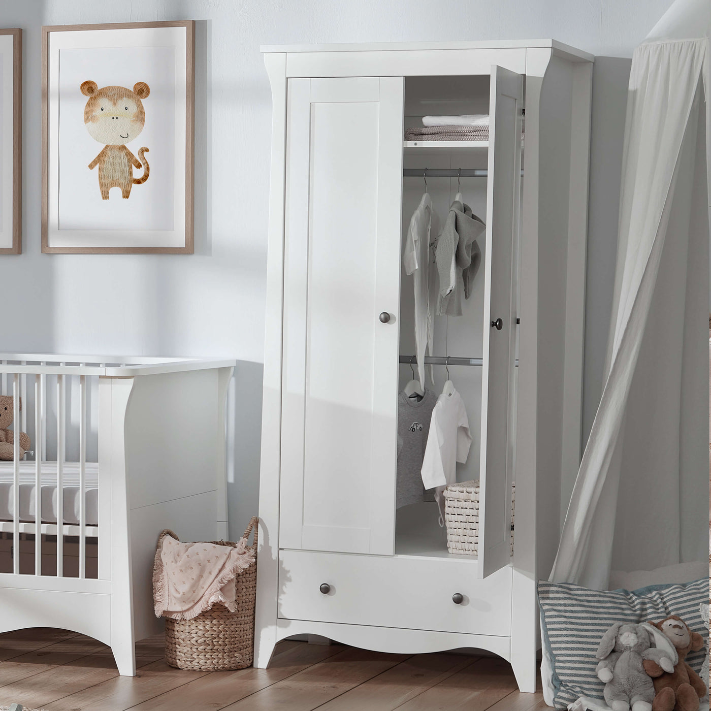 Clara 3pc Set 3 Drawer Dresser, Cot Bed & Wardrobe - White