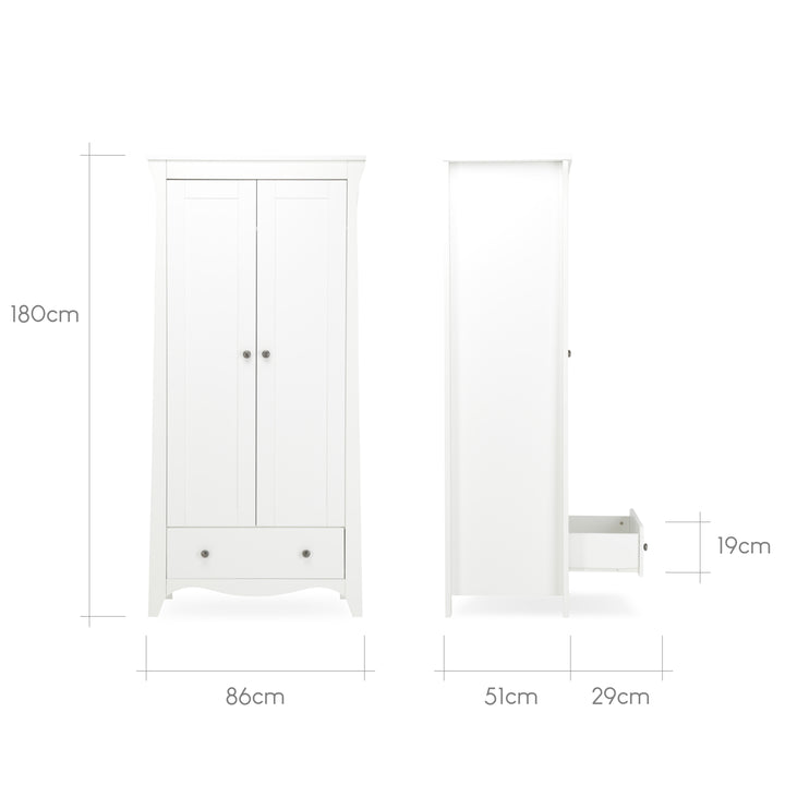 CuddleCo Clara 3pc Set 3 Drawer Dresser, Cot Bed & Wardrobe - White