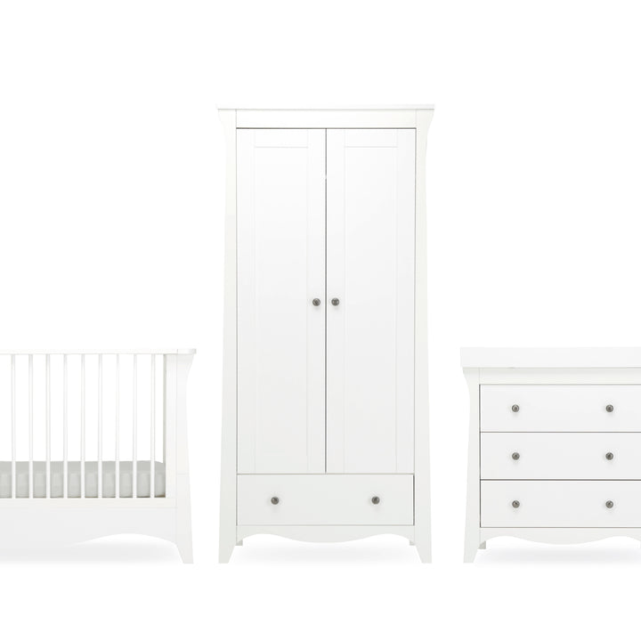 CuddleCo Clara 3pc Set 3 Drawer Dresser, Cot Bed & Wardrobe - White
