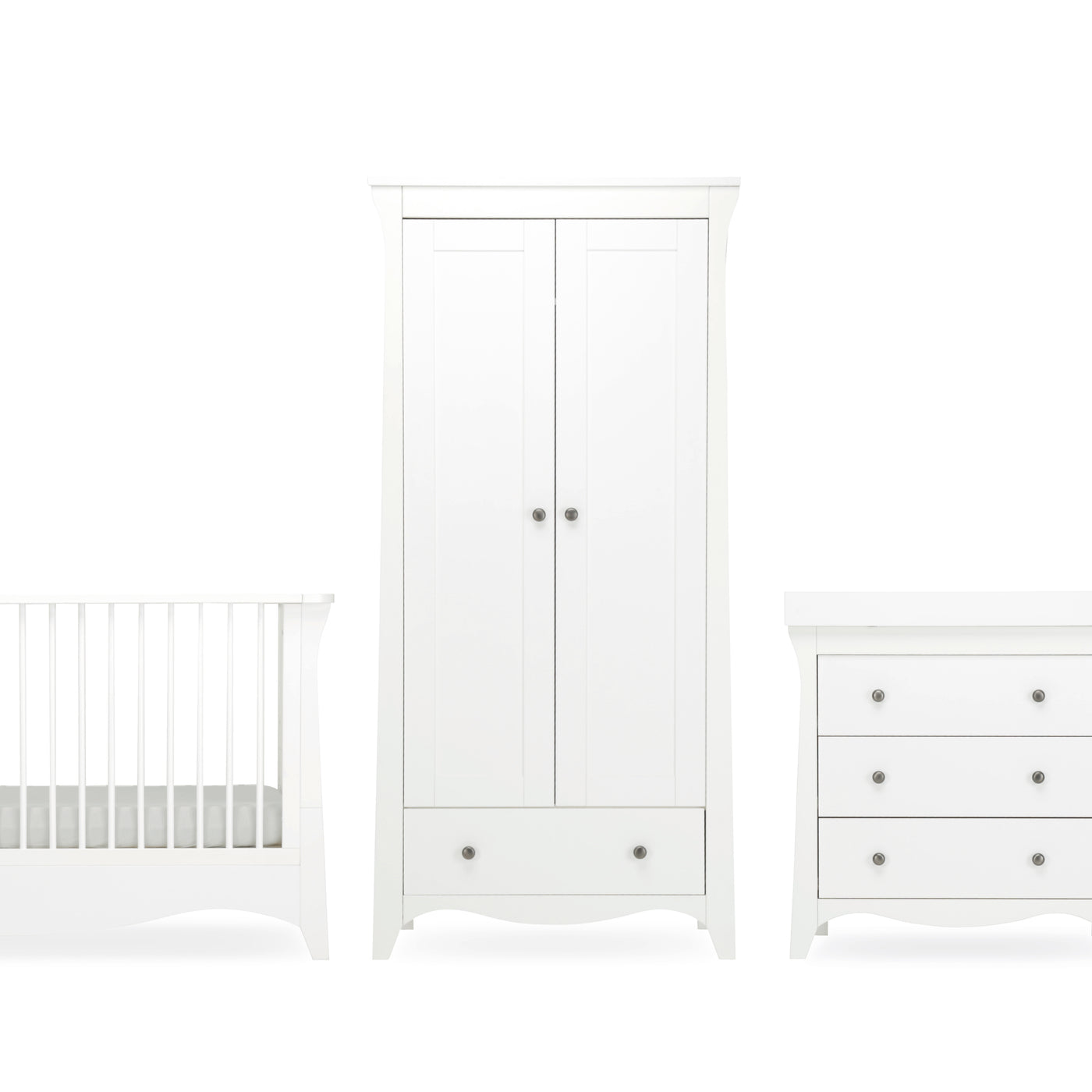 Clara 3pc Set 3 Drawer Dresser, Cot Bed & Wardrobe - White