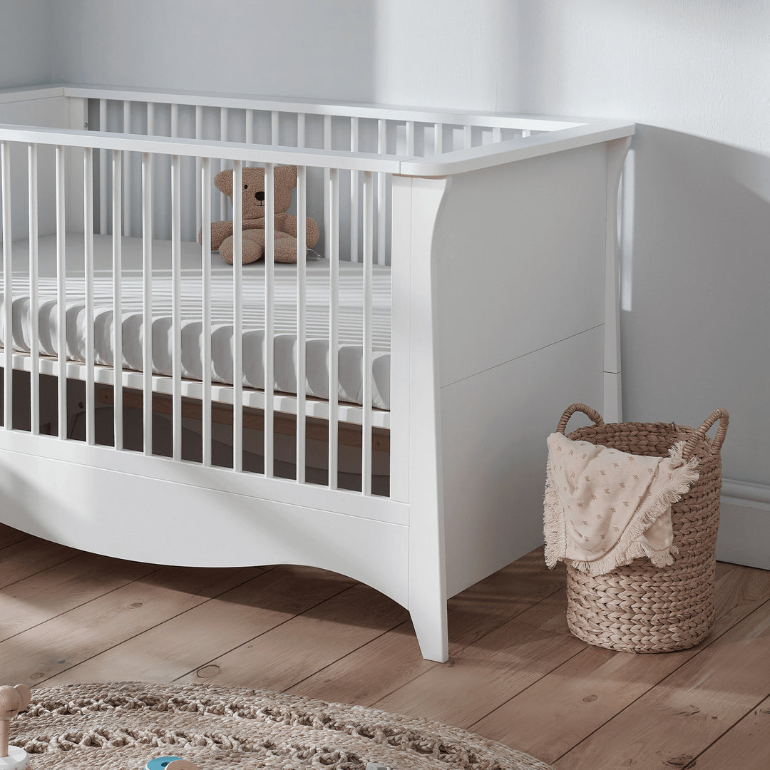 CuddleCo Clara 3pc Set 3 Drawer Dresser, Cot Bed & Wardrobe - White