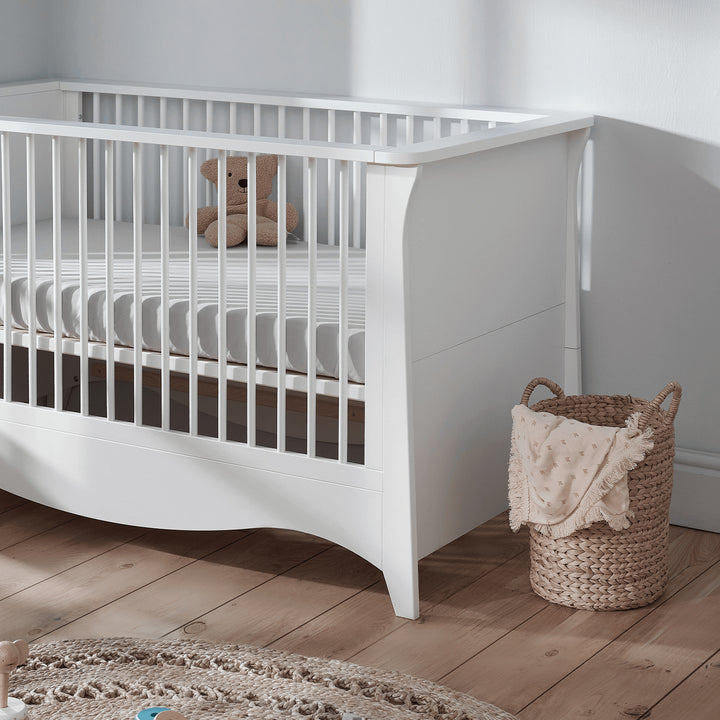 CuddleCo Clara 3pc Set 3 Drawer Dresser, Cot Bed & Wardrobe - White