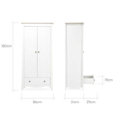 Clara 3pc Set 3 Drawer Dresser, Cot Bed & Wardrobe - White/Ash