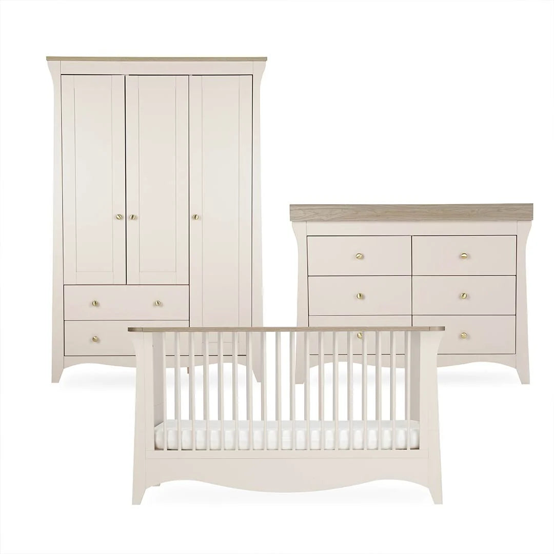 CuddleCo Clara Luxe 3pc Set 3 Drawer Dresser, Cot Bed & Wardrobe - Cashmere Ash