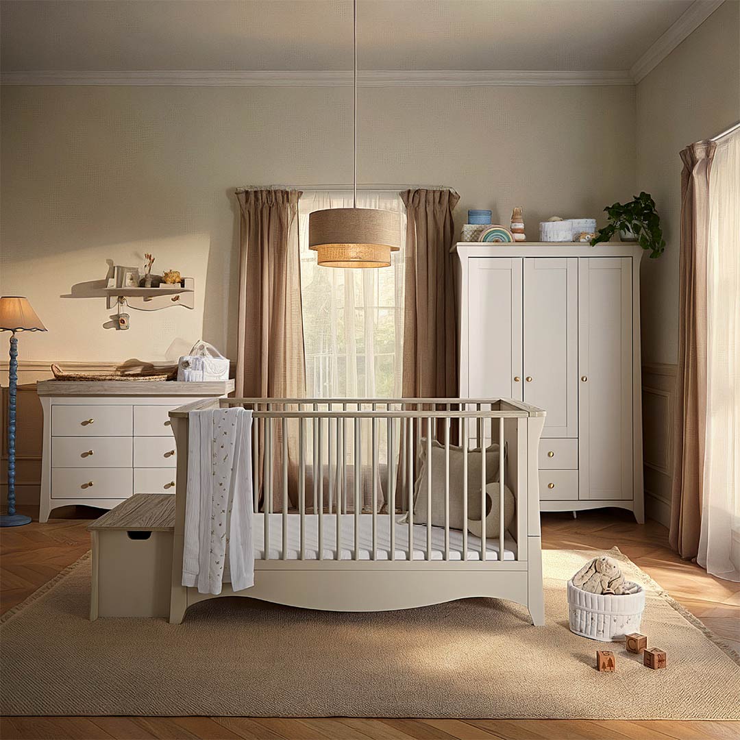 CuddleCo Clara Luxe 3pc Set 3 Drawer Dresser, Cot Bed & Wardrobe - Cashmere Ash
