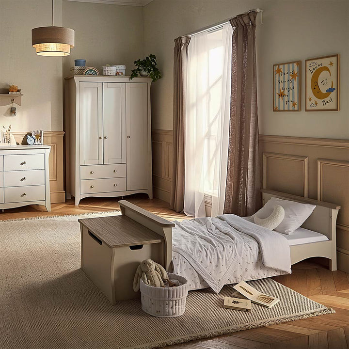 CuddleCo Clara Luxe 3pc Set 3 Drawer Dresser, Cot Bed & Wardrobe - Cashmere Ash