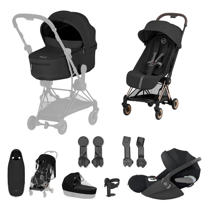 Cybex COYA Comfort Ultimate Accessory Bundle - Sepia Black & Rose Gold Frame
