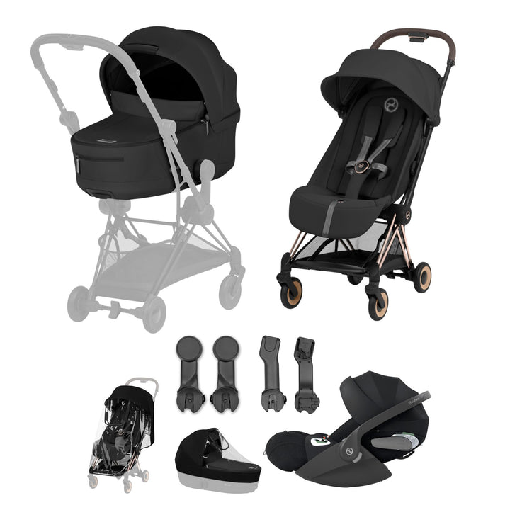 Cybex COYA Comfort Ultimate Bundle - Sepia Black & Rose Gold Frame