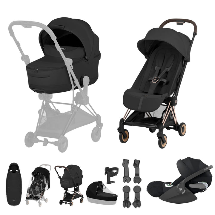 Cybex COYA Style Ultimate Accessory Bundle - Sepia Black & Rose Gold Frame