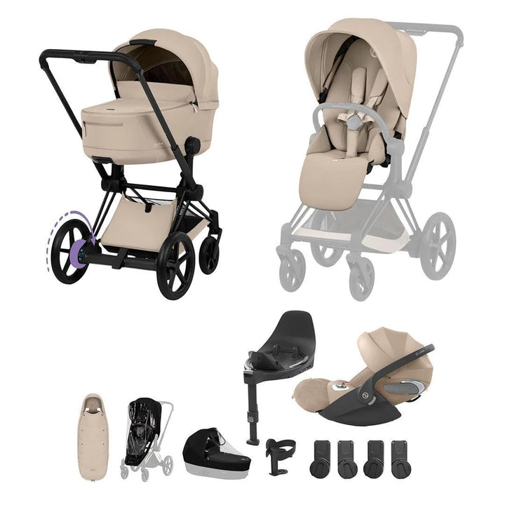 Cybex e-PRIAM Comfort Ultimate Accessory Bundle - Cozy Beige & Matt Black Frame