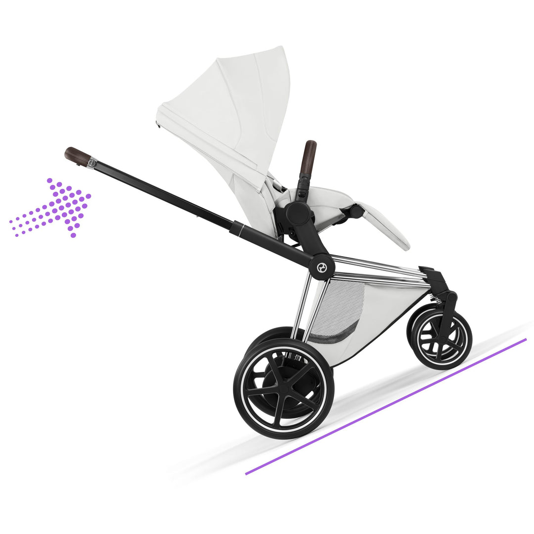 Cybex e-PRIAM Style Pushchair & Fold Cot Bundle - Off White & Chrome Brown Frame
