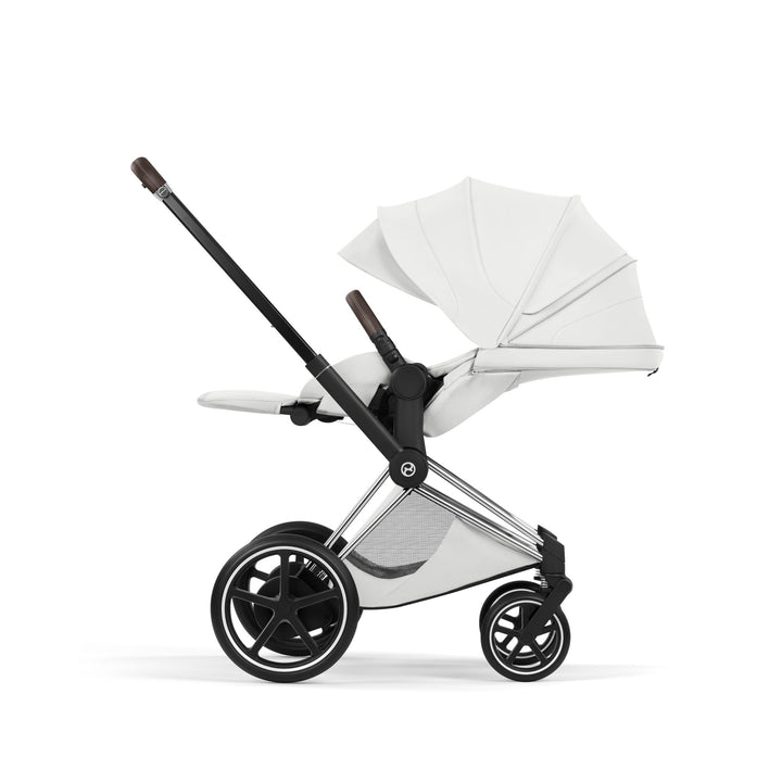 Cybex e-PRIAM Style Pushchair & Fold Cot Bundle - Off White & Chrome Brown Frame