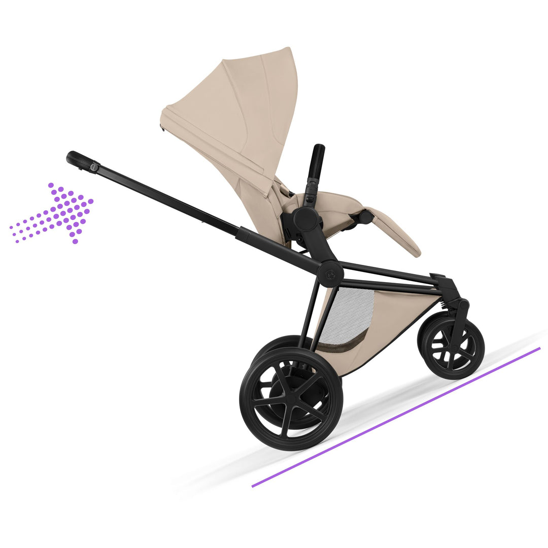 Cybex e-PRIAM Style Pushchair & Fold Cot Bundle - Cozy Beige & Matt Black Frame