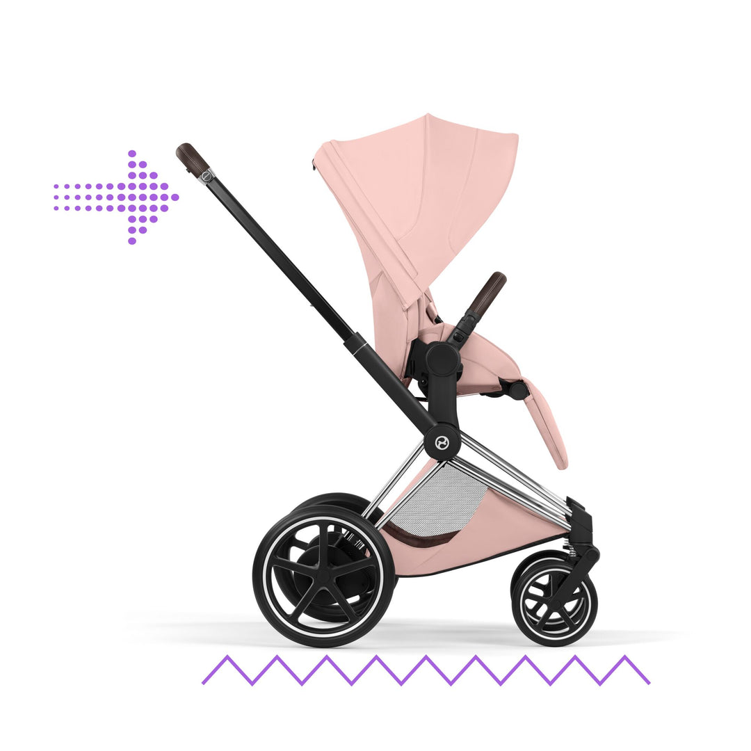 Cybex e-PRIAM Style Pushchair & Fold Cot Bundle - Peach Pink & Chrome Brown Frame