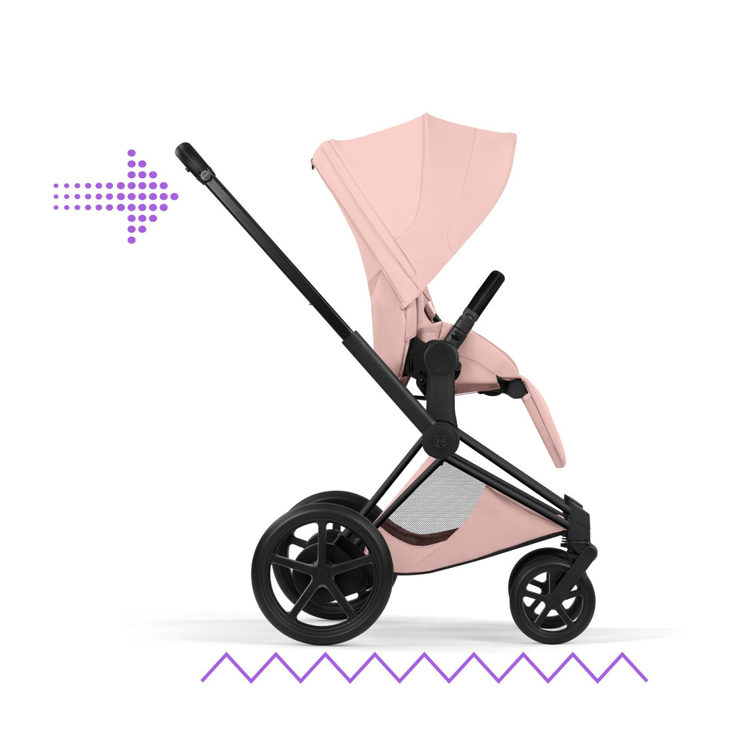 Cybex e-PRIAM Style Pushchair & Fold Cot Bundle - Peach Pink & Matt Black Frame